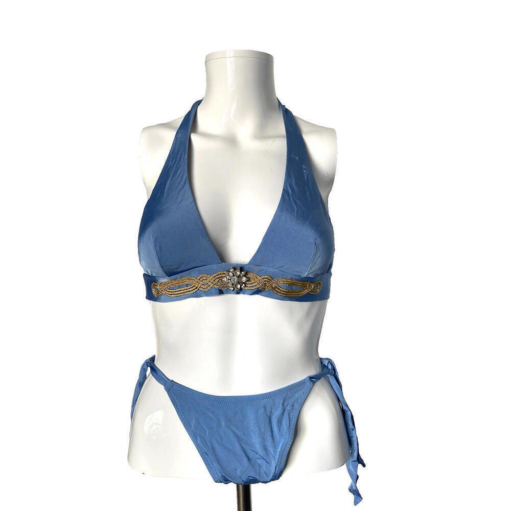 LA PERLA Blue Beaded 2 pc Bikini Embellished Triangle Top Soft Cup 40